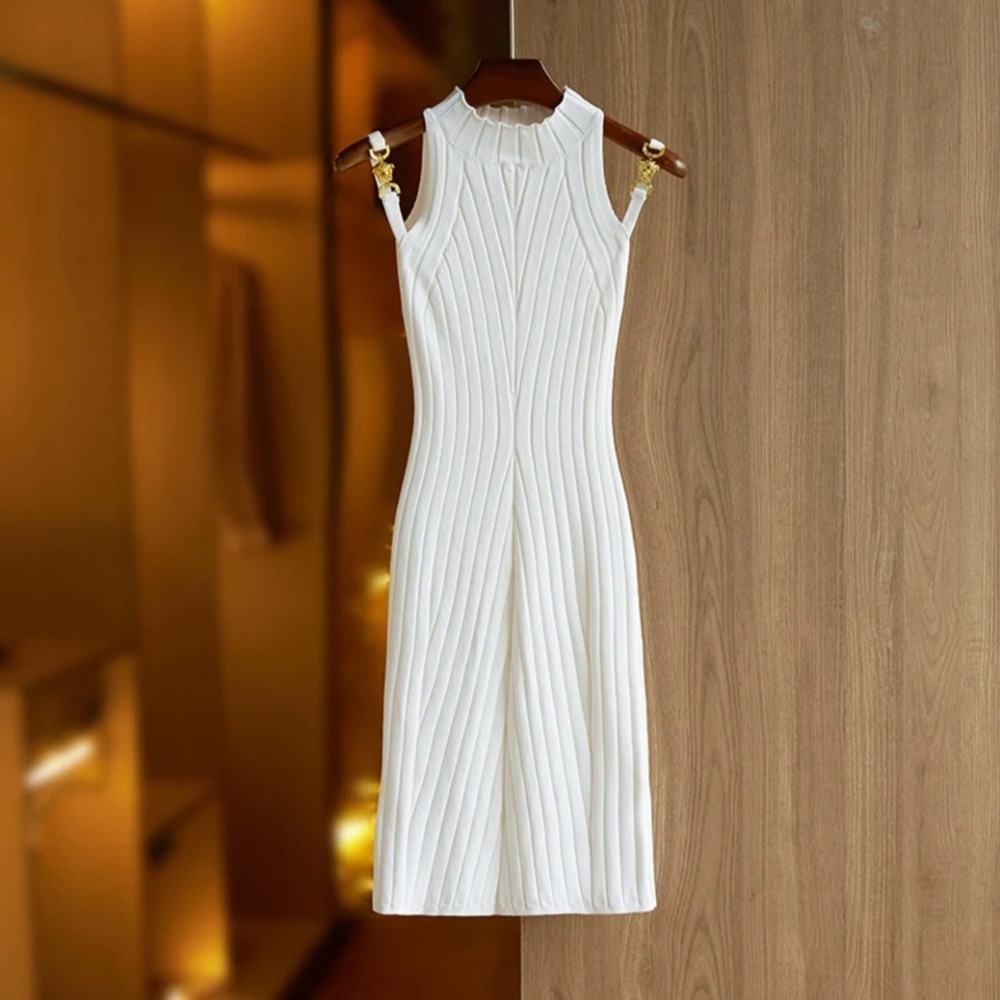 Elegant Sleeveless Knit White Dress Gold Detail